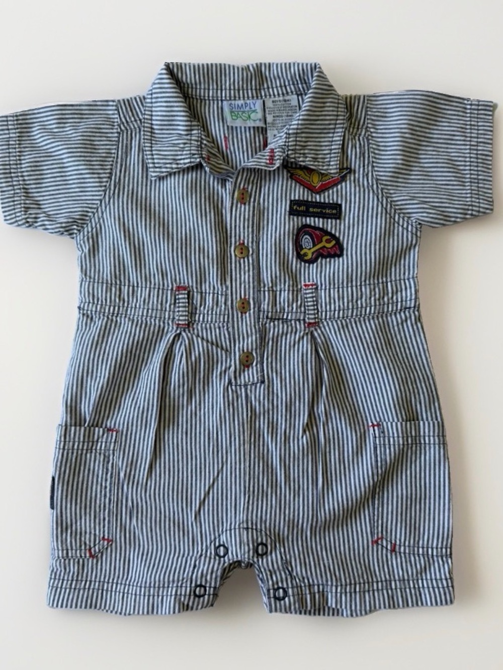 Vintage Baby Boy Mechanic Romper Hickory Stripe Shortall Simply Basic 18M